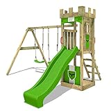 FATMOOSE Parque infantil de madera TreasureTower Top XXL con columpio SuperSwing y tobogán, Torre de escalada da exterior con arenero y escalera para niños