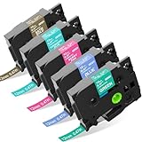 5x MarkField Compatible Label Replacement for Brother P-Touch TZ TZe 0,47 12mm x 8m for PT-H107B H105 H100LB H110 H200 D200 D400 1000 1090 1250 Cube, ສີຂາວຕາມສີ