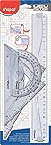 რუქაზე - სკოლის სახაზავები - გეომეტრიული - Maxi ნაკრები 4 ცალი - 1 სახაზავი 30 სმ, 1 სკოლის სახაზავი 45, 1 კვადრატი 45° და 1 პროტრატორი 180° - გამჭვირვალე დიზაინი დაბეჭდილი გრადაციებით