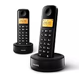 Philips D1602B - 2 Teléfonos Fijo Inalámbrico Duo, Pantalla 4,1 cm, Retroalimentación, Manos Libres, Identificador de Llamadas, Plug & Play, Eco+ - Negro (Compatible: ES, IT, FR)