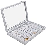 BELLE VOUS Gray Velvet Jewelry Tray Jewelry Display Tray 20 Hooks and Glass Lid with Lock - Jewelry Organizer Drawers for Necklaces, Bracelets, Earrings and Anklets