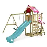 WICKEY Parque Infantil de Escalada VanillaFlyer con Columpio, Lona Rosa y Tobogán Turquesa, Torre de Escalada para Niños al Aire Libre con Arenero, Escalera y Accesorios de Juego para el Jardín