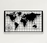 Metallvärldskarta - Kompassväggkonst, världskartans kontinenter, metallväggdekor, metallskylt, vägghängande (30" B x 17" H / 75 x 43 cm)