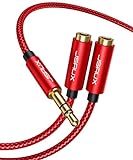 JSAUX Cable Jack Doble 3.5mm [0.28M] Cable Adaptador Divisor Jack Macho a 2 Hembras Estéreo en Trenzado de Nylon para iPhone, Samsung, Teléfonos Inteligentes,Tabletas y Más-Rojo