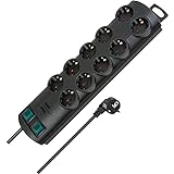 Подовжувач живлення Brennenstuhl з 10 розетками та 2 окремими вимикачами (кабель 2 м, вимикач з підсвічуванням, монтажний), чорний, 10 розеток