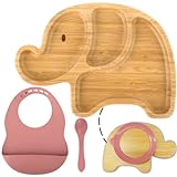 HappyDoo - 竹製嬰兒吸盤+矽膠圍兜+嬰兒勺 - 無毒竹製吸盤嬰兒盤 - 帶吸盤的吹塑盤 - 帶隔層嬰兒盤 - 粉象嬰兒餐具