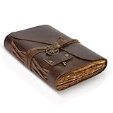 復古皮革日記本 - 手工製作古董皮革裝訂日記本，帶古董邊紙 - 非常適合寫作、影子日記本、魔法書、素描、日記 - 13x18 厘米