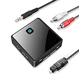 Isobel Bluetooth 5.0 Transmitter Receiver (Optical, 3.5mm AUX, RCA), Low Latency Wireless Audio Adapter Rechargeable Bluetooth AUX Adapter for TV PC Car/Home Stereo System Speakers, Dual Link