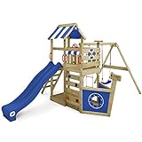 WICKEY SeaFlyer manēža ar šūpolēm un zilu slidkalniņu, āra bērnu kāpšanas tornis ar smilšu kasti, kāpnēm un rotaļu piederumiem dārzam