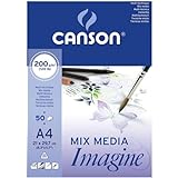 Canson Imagine, Papel Mixed Media, Grando ligero, 200g, Encolados por el lado corto, A4-21x29,7cm, Blanco natural, 50 Hojas