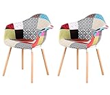 I LOVE FACE Lot de 2 fauteuils patchwork multicolores en lin, chaises de salle à manger, chaise d'angle avec dossier rembourré (C)