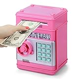 Highttoy Tirelire électronique pour enfants âgés de 3 à 12 ans, coffre-fort avec code sécurisé, jouet argenté, distributeur automatique de billets pour cadeau, rose