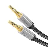 KabelDirekt – Cable auxiliar y cable jack de 3,5mm – 2m (cable de audio estéreo, carcasa de metal casi indestructible, funda de nailon sin nudos, para smartphones/otros dispositivos, negro/plateado)