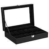 SONGMICS JWB12B-Caja (12 Compartimentos, Tapa de Cristal, Estuche para Relojes extraíble, Piel sintética), Color Negro, 32,5 x 19 x 8,5 cm