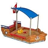 KidKraft Bac à sable bateau pirate pour enfants, bac à sable en bois pour enfants, comprend une couverture, un revêtement de sol, un banc, un mât de drapeau, des jeux de jardin et d'extérieur (00128)