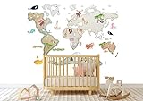 Sueños de Cigueña - Mapamundi World Map Animals - Vinilo decorativo Infantil - Decoración de pared Infantil - Autoadhesivo