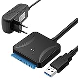 Mueuton Cable SATA a USB 3.0, Cable adaptador de disco duro SATA III para HDD/SSD de 3,5/2,5 pulgadas con adaptador de corriente de 12 V/2 A compatible con UASP