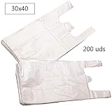 EUROXANTY Bolsas de Plástico Tipo Camiseta | Alta resistencia | Reutilizables y Reciclables | Material Polietileno de Alta Densidad | Con Asas | Apta para Alimentos (Blanco, 30 x 40-200 uds)