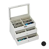 Relaxdays Caja Gafas con 18 Compartimentos, Organizador, 1 Ud, Cuero Sintético-Cristal, 22,5 x 33,5 x 19 cm, Blanco