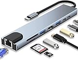 Adaptador USB C 8 puertos en 1, Hub USB C 3.0, Conector múltiple entradas, USB multipuerto, multifuncional, HDMI 4K, Cable Red RJ45, Carga rápida, Universal