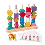 Wisplye Montessori ເຄື່ອງຫຼິ້ນໄມ້, 2 in 1 ເກມ stacking Stack and Thread, Educational Geometric Colors Shapes Sort Blocks, Gift for Baby Kids 2 3 4 Years