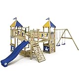 WICKEY Smart Queen Castle Plac zabaw z huśtawką, niebiesko-żółtym płótnem i niebieską zjeżdżalnią, zewnętrzną wieżą wspinaczkową dla dzieci z piaskownicą, drabinką i akcesoriami do zabawy w ogrodzie