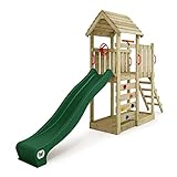 Parque Infantil WICKEY JoyFlyer con Techo de Madera y tobogán Verde, Torre de Escalada para niños de Exterior con arenero, Escalera y Accesorios de Juego para el jardín