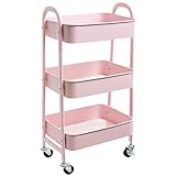DOEWORKS Storage Cart 3-Tier Metal Utility Cart Rolling Cart Organizer Cart with Wheels for Kitchen Makeup Bathroom Office, Pink