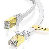 VOIETOLT Cable Ethernet Cat8 de 10M con Clips, 40Gbps/2000Mhz Cat-8 Cable de Red Internet Plano STP RJ45 Gigabit LAN de Alta Velocidad para PS4/5, Xbox, Módem, Rúter - Blanco