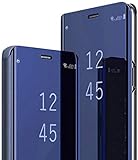 Carcasa para Samsung Note 20 Ultra 5G Clear View Flip Case con espejo efecto funda rígida PC+piel sintética funda Samsung Galaxy Note 20 Ultra 5G carcasa con soporte 360 antigolpes Cover Case (azul)