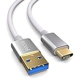 PAXO Cable USB C de nylon de 5 m, USB 2.0, blanco, cable de carga USB A a USB tipo C, cable de datos, enchufe dorado
