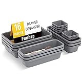 Famhap Drawer Organizer, 16 Pieces, Stackable Plastic Tray Storage Boxes for Drawers, Desk, Kitchen, Bathroom, Makeup, Closet (ສີເທົາເຂັ້ມ)