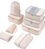 Meowoo 8 in 1 Luggage Organizer Set Waterproof Suitcase Organizer Travel Packing Cubes with Shoe Bag, Nylon Material (Beige 8pcs)