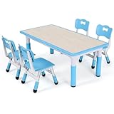 4 कुर्सियों के साथ बच्चों के लिए टेबल, समायोज्य ऊंचाई में बच्चों के लिए टेबल समूह, किंडरगार्टन और कमरे के लिए कुर्सी सेट, 2 साल के लड़कों और लड़कियों के लिए बैठने का समूह, नीला