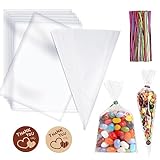 Romon 100 Pieces Conical Candy Bags 13x25 cm ແລະ 100 Pieces Transparent Candy Bags 10x15cm, with 112 Stickers and 200 Metal Ties, for Packaging Sweets Cookies Candies Chocolate
