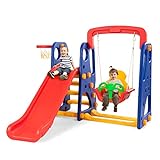 GOPLUS 3 in 1 Playpen, High Density Polyethylene Slide and Basketball Hoop with Handles, Non-Slip Ladder, Swing, Rounded Corners, for Indoor and Outdoor, Multicolor
