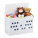 Relaxdays Caja Juguetes, Diseño Estrellas, Baúl Infantil Almacenaje con Tapa, Arcón Niños, 40x60x30 cm, Azul y Blanco