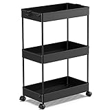 SPACEKEEPER 3 Tier Storage Cart, Mobile Shelving, Sliding Utility Cart, Multipurpose for Bathroom, Laundry, Bedroom, Office, Narrow Places, Black