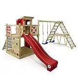 WICKEY Smart Surf Plac zabaw wspinaczkowy z huśtawką i czerwoną zjeżdżalnią, zewnętrzna wieża wspinaczkowa dla dzieci z piaskownicą, drabinką i akcesoriami do zabawy w ogrodzie