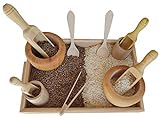 GERILEO Juego de Accesorios de Cocina de Madera - Trasvases Montessori - Juego heurístico - Bandeja con Pinzas, cucharas, cubiletes, morteros, Palas de Madera (12 Piezas de Madera)