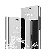 MLOTECH Funda para Xiaomi MI A2 Fundas + vetro temperato Flip Traslucido Clear View Specchio Standing Cover Anti Shock Placcatura Custodia Protezione Argento