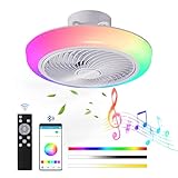 JZCDR Ceiling Fan with Light Reversible DC Motor RGB Lamp Ceiling Fans 6 Speeds LED Dimmable Ceiling Fan with Remote Control App Bluetooth Speakers for Children's Bedroom, White