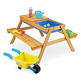 Relaxdays træsædesæt til børn, 2 i 1 legebord og mudderkøkken, picnicbord til haven, 49 x 90 x 85 cm, naturlig