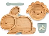 Koko Kids Bamboo and Silicone Feeding Set ~ Rabbit Suction Plate, Lamb Suction Bowl, Silicone Cup and Spoon (Verde)