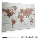 Tableau magnétique en verre Navaris 90x60CM - Tableau blanc magnétique en verre avec motif carte du monde - Tableau mémo avec marqueur et aimants