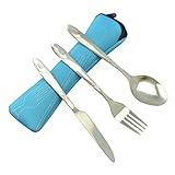 BESTONZON Set de vajilla de acero inoxidable de 3 piezas incluye cuchillo, tenedor, cuchara, bolsas - Set de cubiertos de viaje/cubiertos de viaje portátil de plata ligera (Azul cielo)