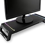 DeepGaming SN06 Soporte de Monitor para Escritorio Gaming con Cajón de Almacenamiento, Soporte para Móvil, 10 modos de Ilulimación RGB y Hub USB de 3 Puertos (1 x USB3.0 + 2 x USB2.0). Negro