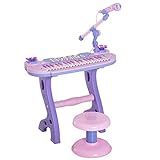 HOMCOM Piano Infantil 37 Teclas Teclado Electrónico Juego de Piano Regalo Juguete Educativo para Niños +3 Años con Micrófono Taburete Luces y 22 Canciones USB/MP3 Karaoke Rosa