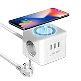 JSVER Cube USB цахилгаан тууз, утасгүй цэнэглэгчтэй (10Вт) 3 USB порт, 2 залгууртай iPhone Samsung iPad таблетуудад зориулсан өргөтгөлийн цахилгаан тууз - 1,5 м кабель-цагаан
