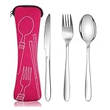 Cutlery Set with Portable Case, Stainless Steel Camping Tensils Set Knife Fork Spoon for Outdoor Travel Picnic Office School Lunch (Rose Red)